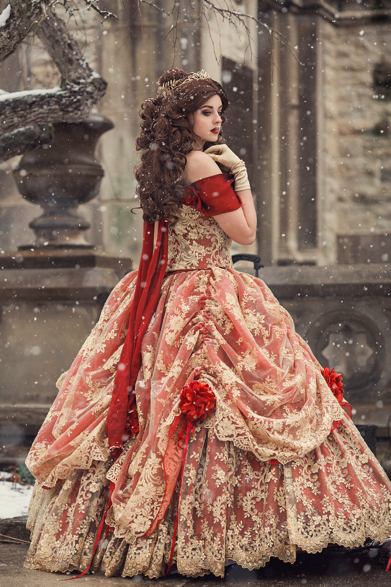 Red/Gold Upscale Fantasy Belle Gown with Flowers XLarge, image size:800x1200