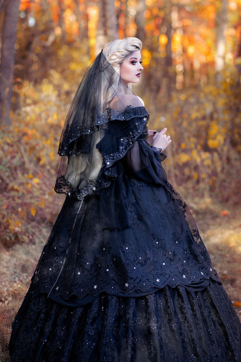 SOLD! Black Starry Night Gothic/Victorian Gown with Stars + veil