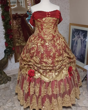 Red/Gold Belle Fantasy Gown with Flowers In-Stock!  Plus Size