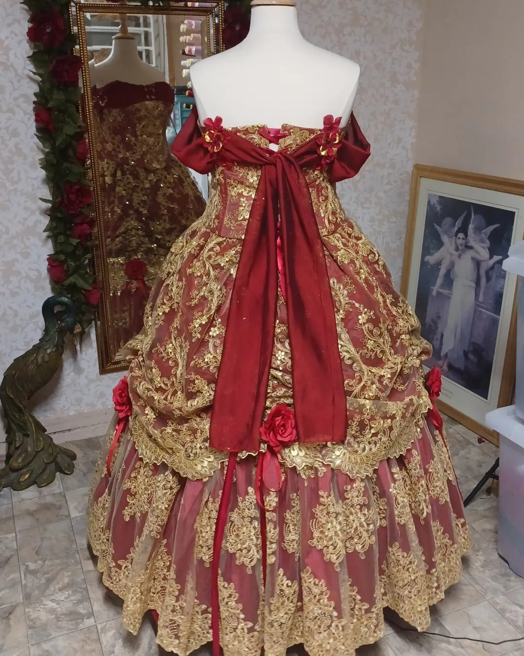 Red/Gold Belle Fantasy Gown with Flowers In-Stock!  Plus Size
