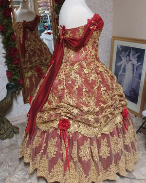 Sale! Red/Gold Belle Fantasy Gown with Flowers In-Stock!  Plus Size