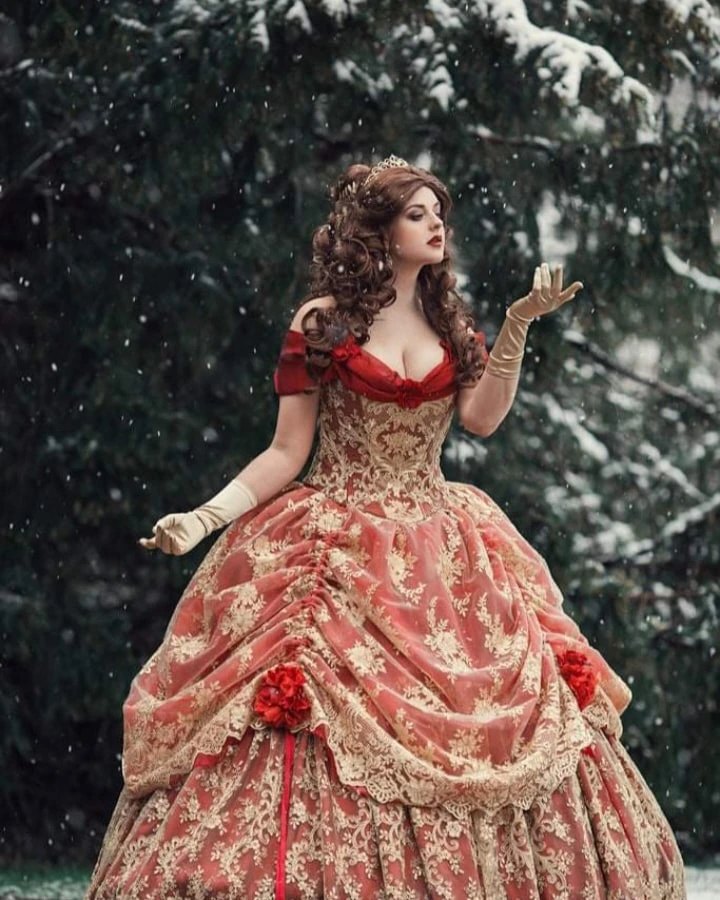 SALE! Red/Gold Belle Fantasy Gown with Flowers In-Stock! Plus Size