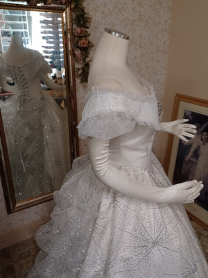 phantom of the opera white star dress Think of Me Gown Light Color Custom Small Bertha neckline piece is attached and has a large brooch in front Mise En Scene Phantom