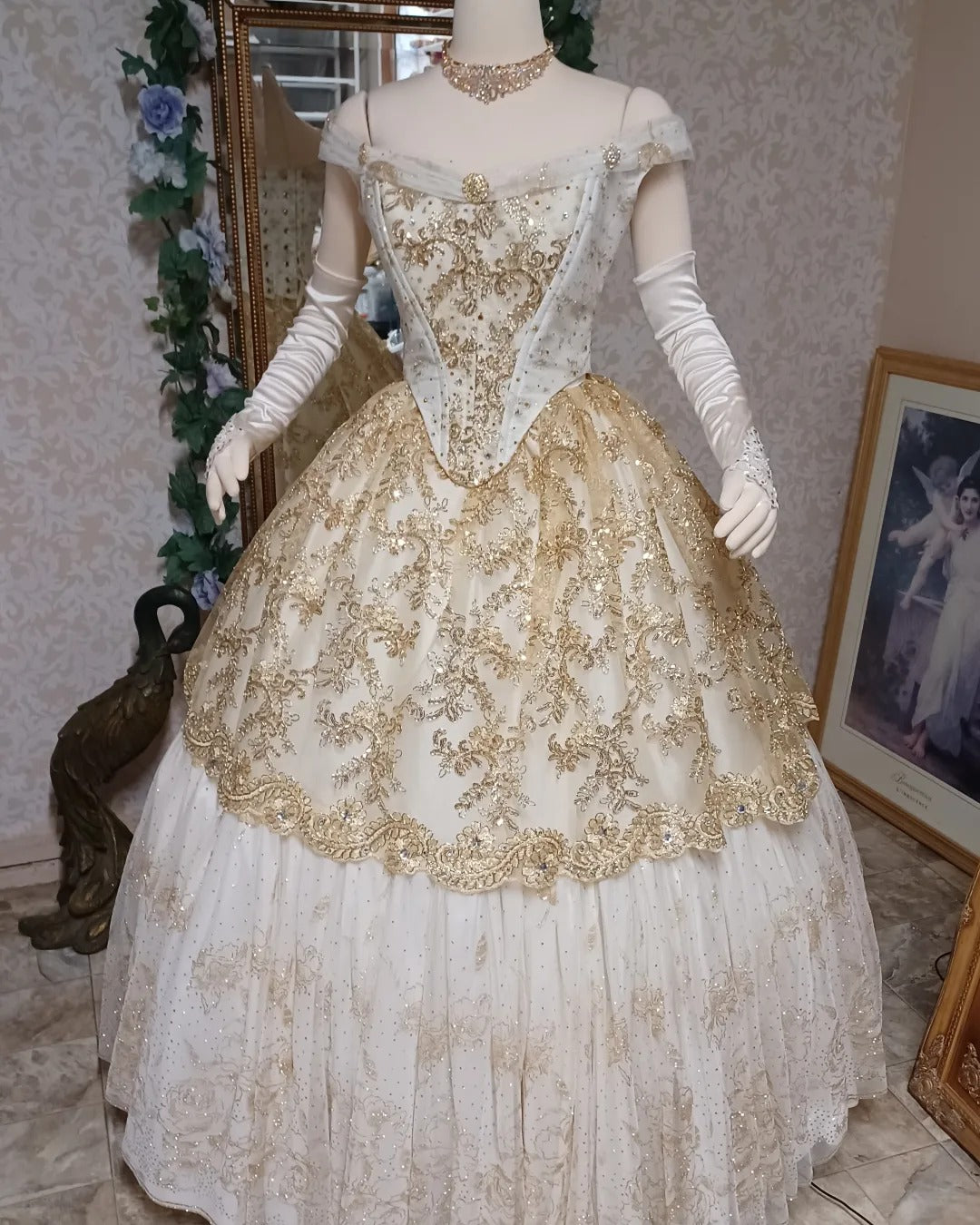 New Sparkle Ivory and Gold Princess Gown 1 of a Kind In Stock Romantic Threads