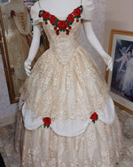 SOLD! Champagne and Red Rose Belle Lace Gown Size Medium