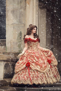 Red/Gold Upscale Fantasy Belle Gown with Flowers Medium
