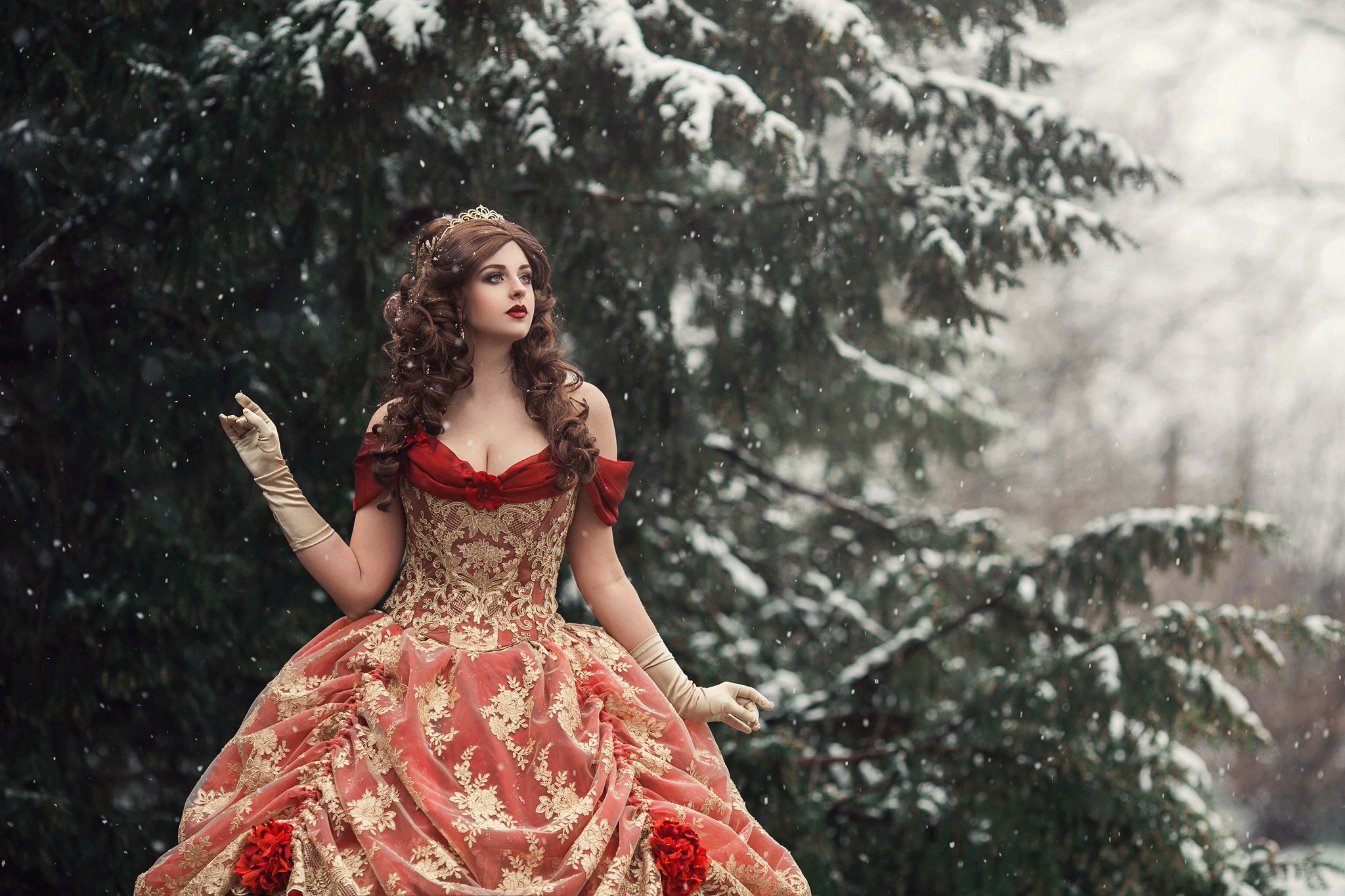 Red/Gold Upscale Fantasy Belle Gown with Flowers