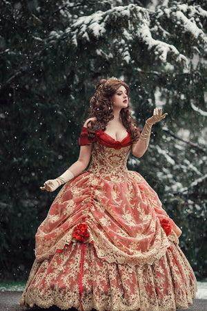 SOLD OUT Red/Gold Upscale Fantasy Belle Gown with Flowers