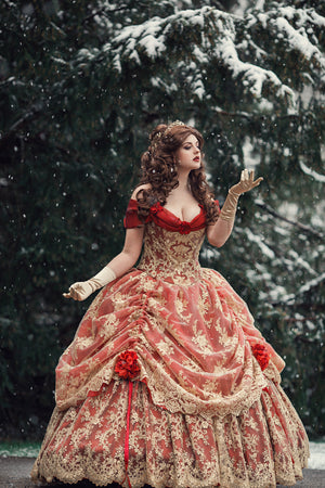 Red/Gold Upscale Fantasy Belle Gown with Flowers Romantic Threads Red/Gold Upscale Fantasy Belle Gown with Flowers Romantic Threads
