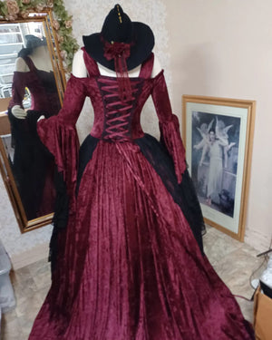 SOLD!  Free Cape! Burgundy/Black Gwendolyn gown and cape set!  Size Medium