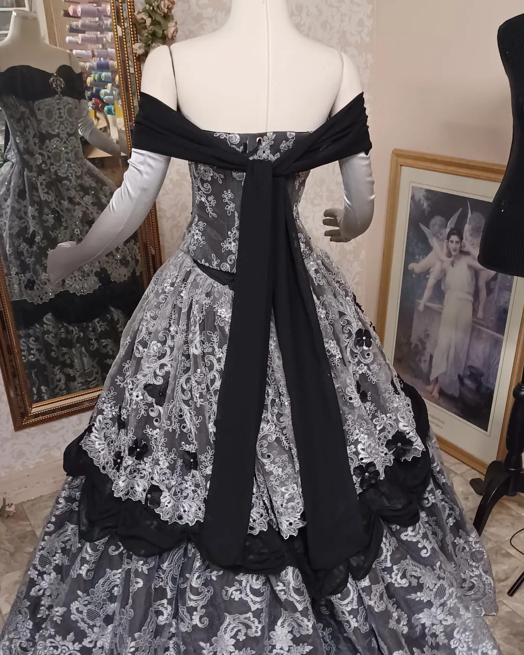 SOLD! Gothic Victorian Grey/Black gown with Flowers and Butterflies Medium/Large +veil tiara