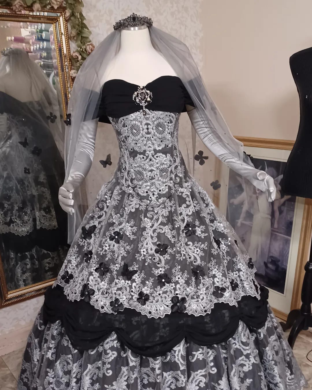 SOLD! Gothic Victorian Grey/Black gown with Flowers and Butterflies Medium/Large +veil tiara