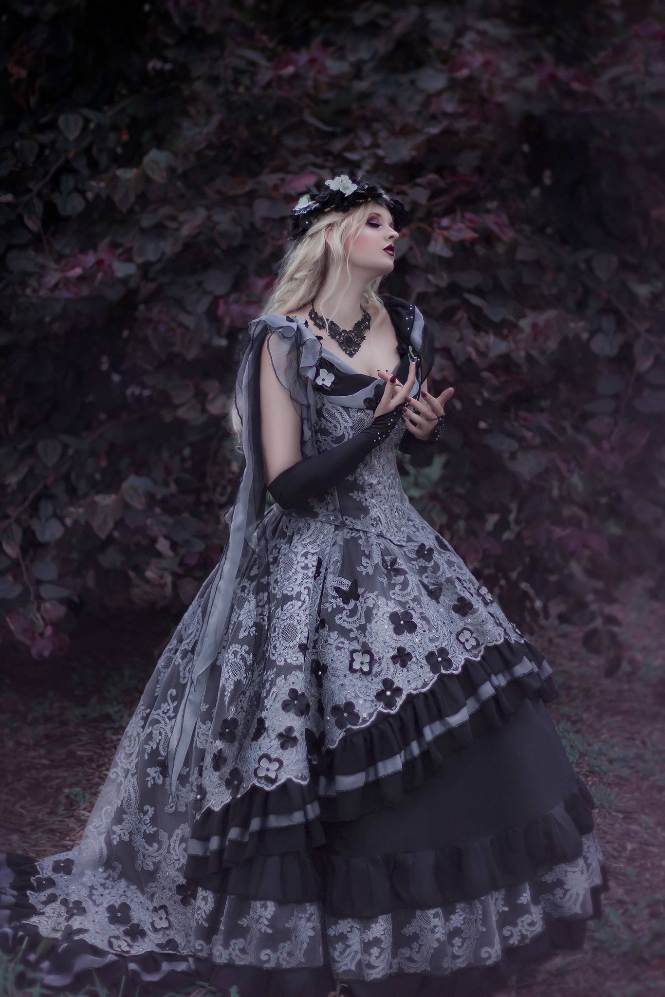 SOLD!! Mystic Garden Grey/black lace Floral Butterfly Convertible Gown Romantic Threads SOLD!! Mystic Garden Grey/black lace Floral Butterfly Convertible Gown Romantic Threads