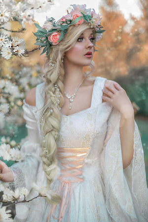 SOLD Limited Edition Ivory and Gold Gwendolyn with Floral Headpiece Med/Large