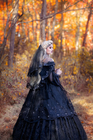 Starry Night Gown  Victorian Gothic Wedding Gown New style....black lace and stars