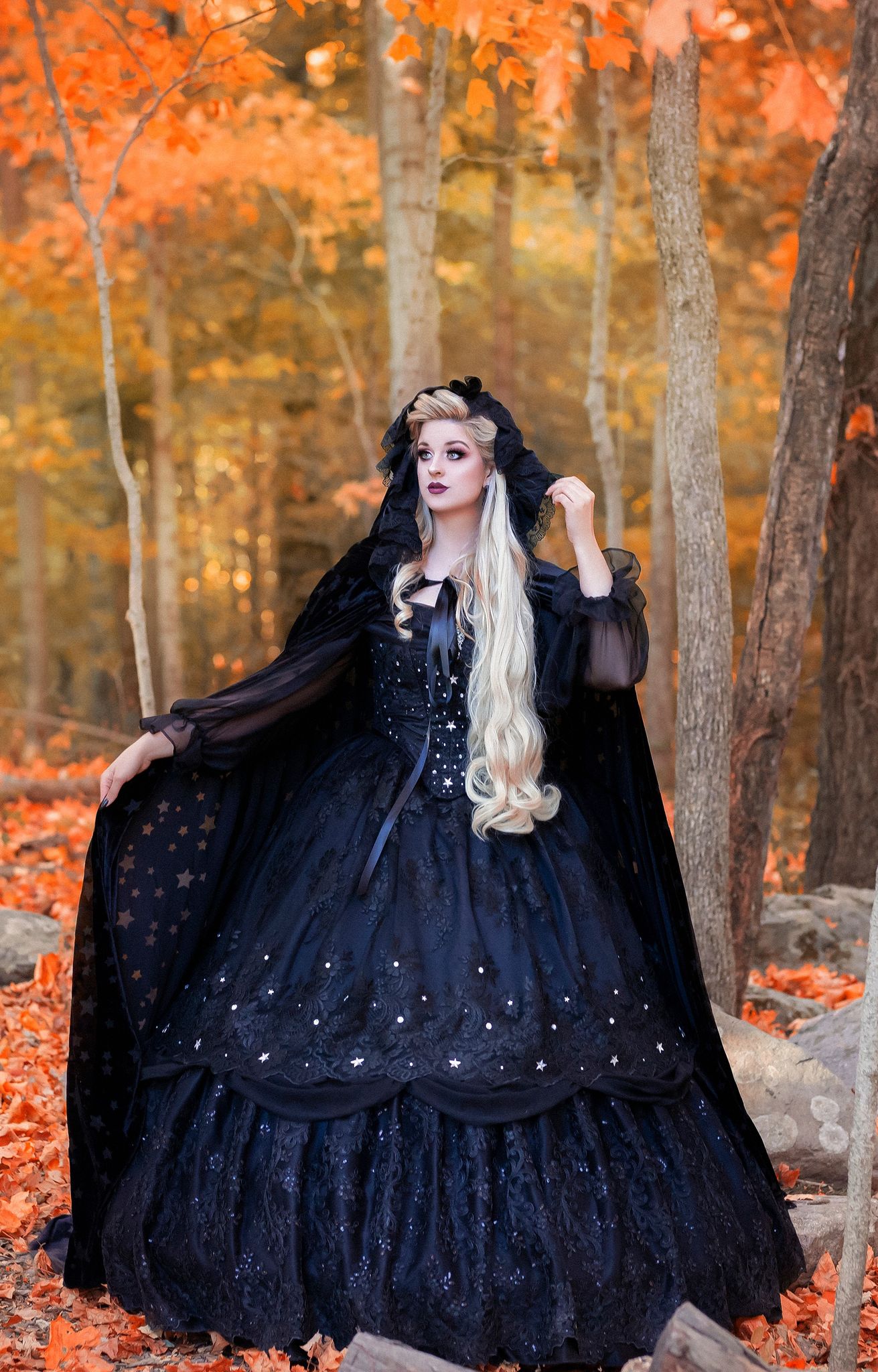 SOLD! Black Starry Night Gothic/Victorian Gown with Stars + veil, tiar ...
