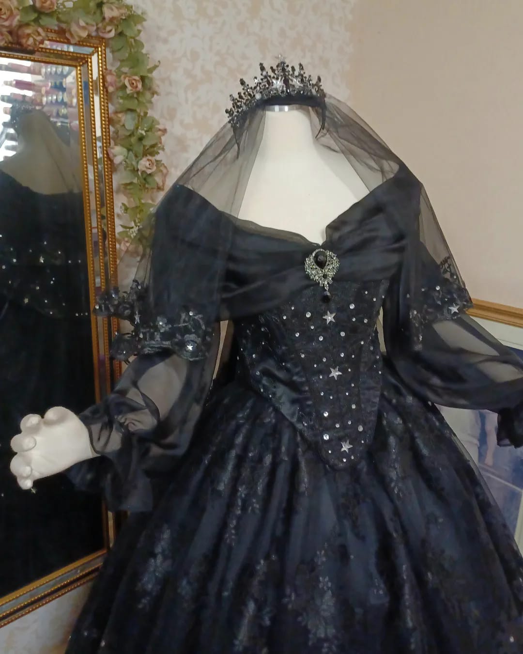 SOLD! Black Starry Night Gothic/Victorian Gown with Stars + veil, tiar –  Romantic Threads