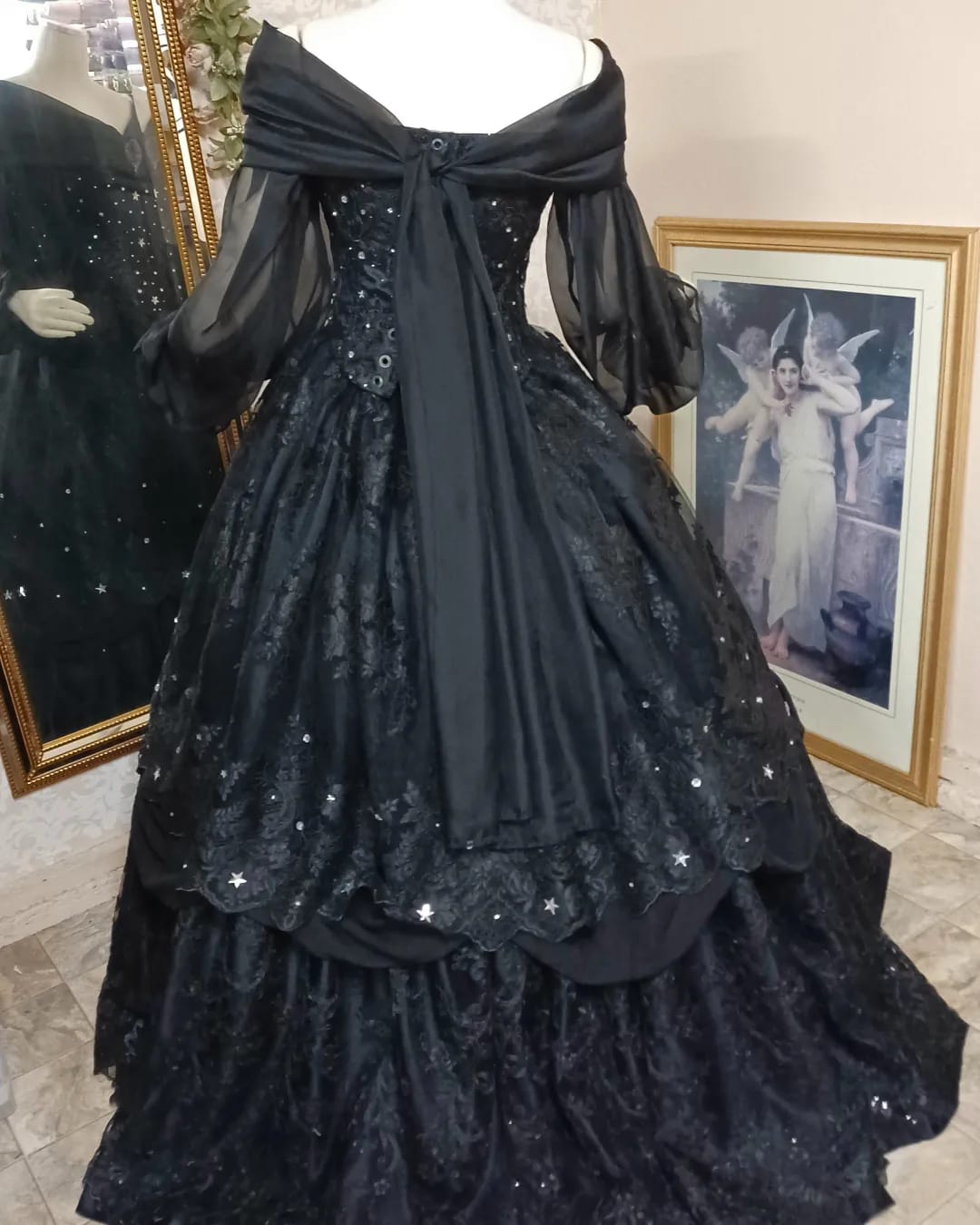 SOLD! Black Starry Night Gothic/Victorian Gown with Stars + veil